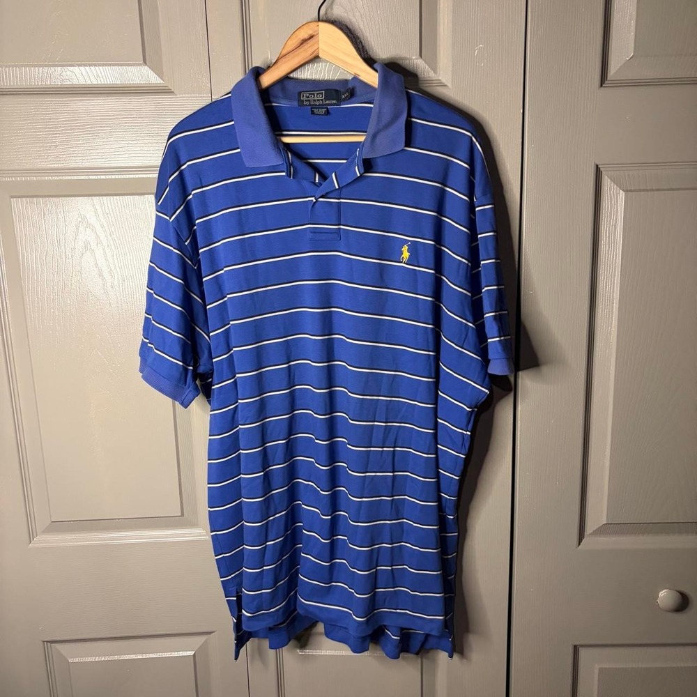 Polo Ralph Lauren Men XXL Blue White Striped Short Sleeve Cotton Polo Shirt